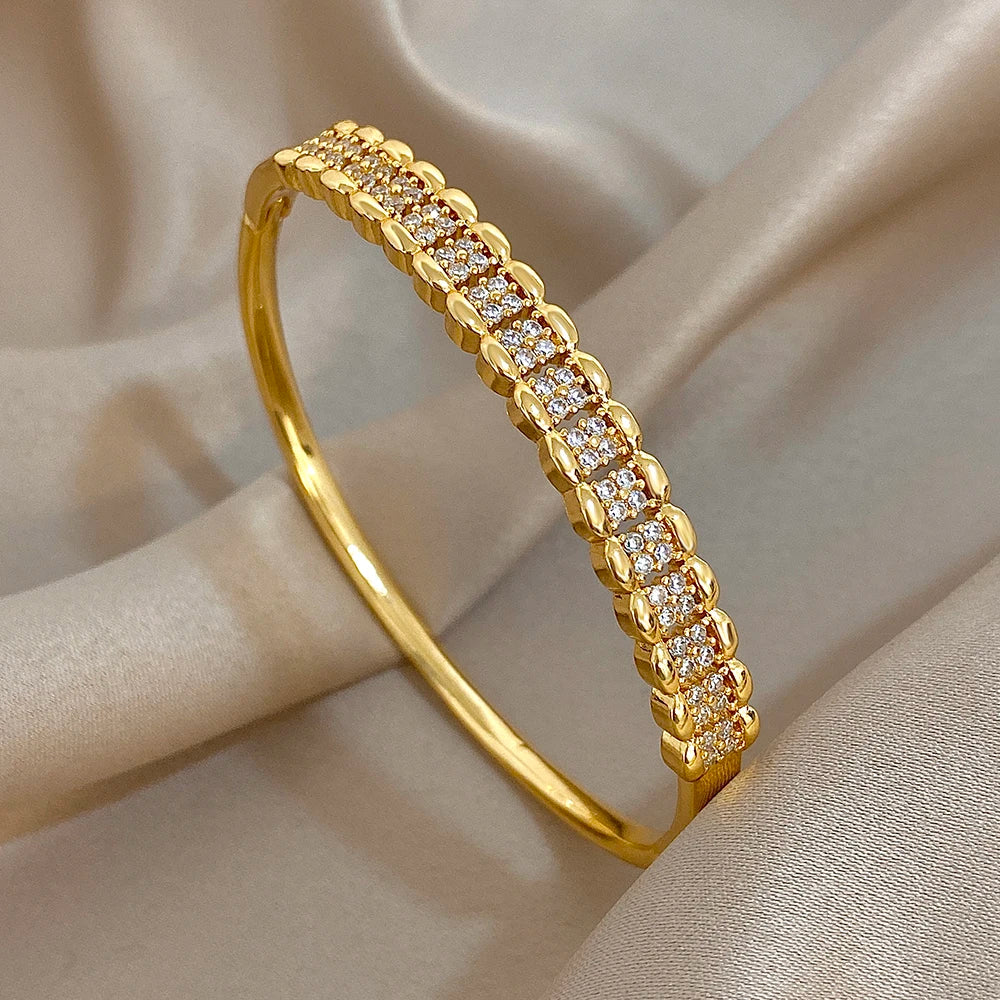 Luxury Multilayer Micro Inlaid Zircon Cuff Bracelet for Women Elegant Gold Plated Copper Stacked Bracelets Fashion Jewelry