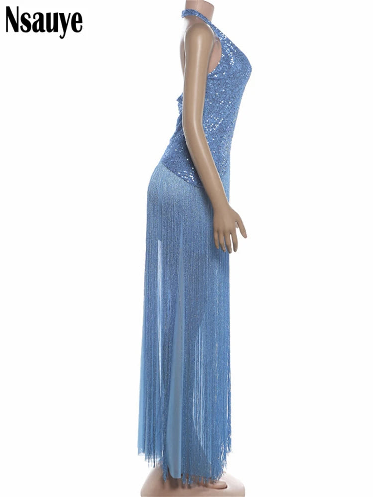 Nsauye Women Aesthetic Tassel Sequins Glitter Blue Long Dresses Party Elegant Evening Sleeveless Backless Halter Summer Dress