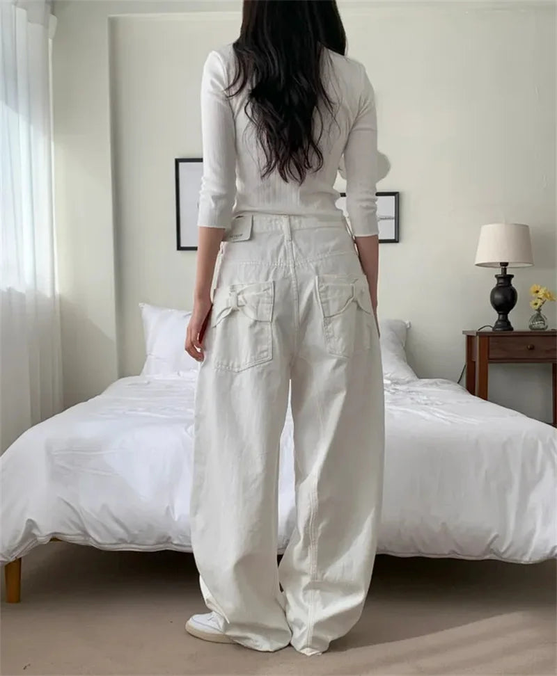 Loose Women's Denim Jeans Ba ket  Knot Design Spring New Sle Casual High Waist Wide Leg Pants Pure Color