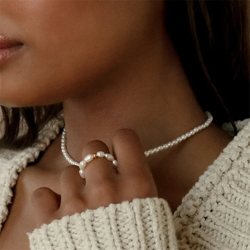 YWYC Mini Rice Shape Freshwater Pearl Ring for Women Elastic 3-4mm Pearl Finger Ring Jewelry Gift for Lover Mom