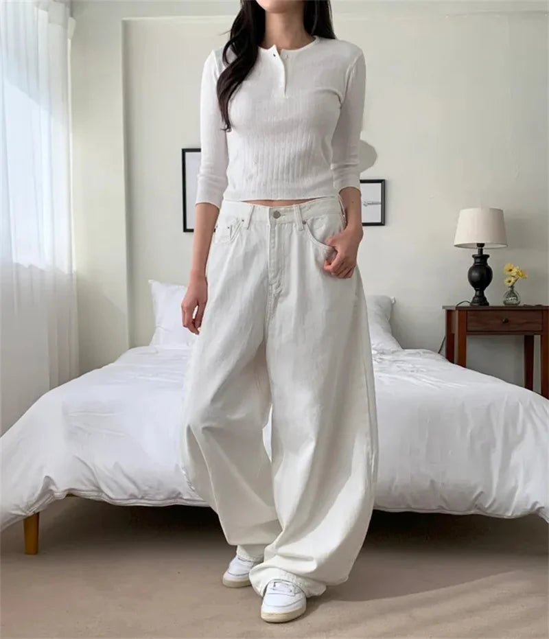 Loose Women's Denim Jeans Ba ket  Knot Design Spring New Sle Casual High Waist Wide Leg Pants Pure Color