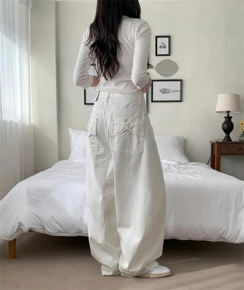 Loose Women's Denim Jeans Ba ket  Knot Design Spring New Sle Casual High Waist Wide Leg Pants Pure Color
