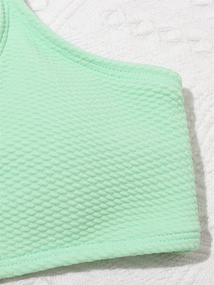 Girls' Swimsuit Bikini 2025 New Solid Ribbed Sling Bikinis Set High Waist Children Swimwear Three Piece Beach Kids Bathing Suit